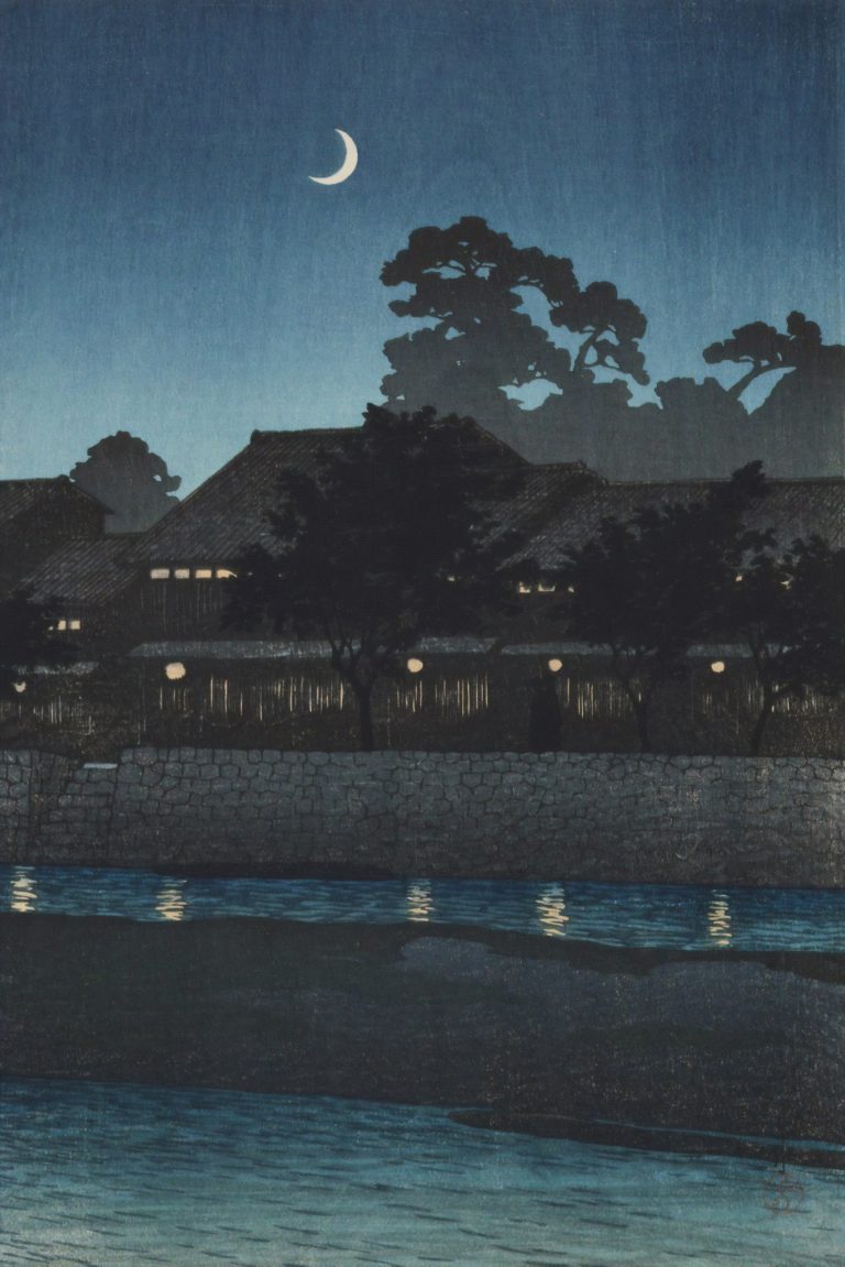 Croissant de lune et maisons de thé, Kanazawa, Hasui Kawase (1920)