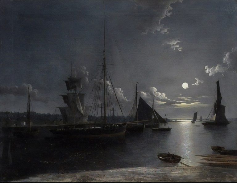 Bateaux de pêche et autres navires sur un estuaire au clair de lune, Henry Pether (1845)