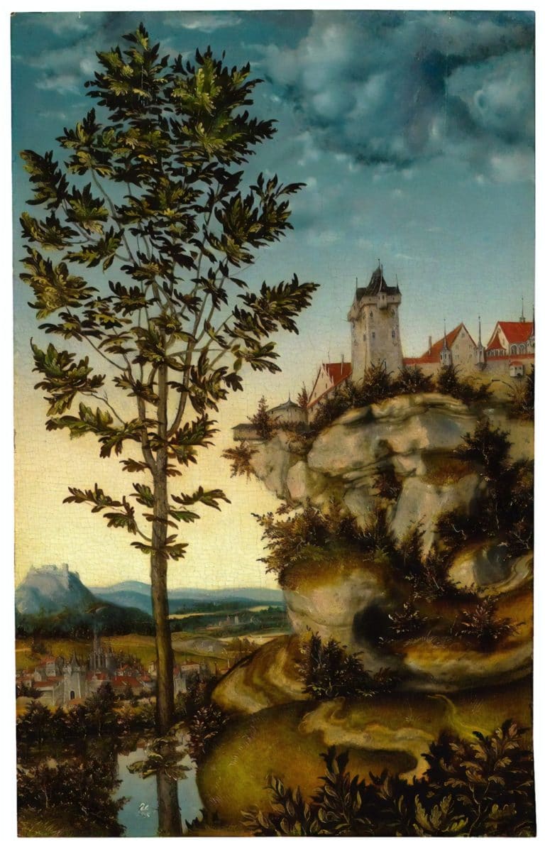 Paysage avec château fort en bord de falaise et arbres, Lucas Cranach l'Ancien (1527)