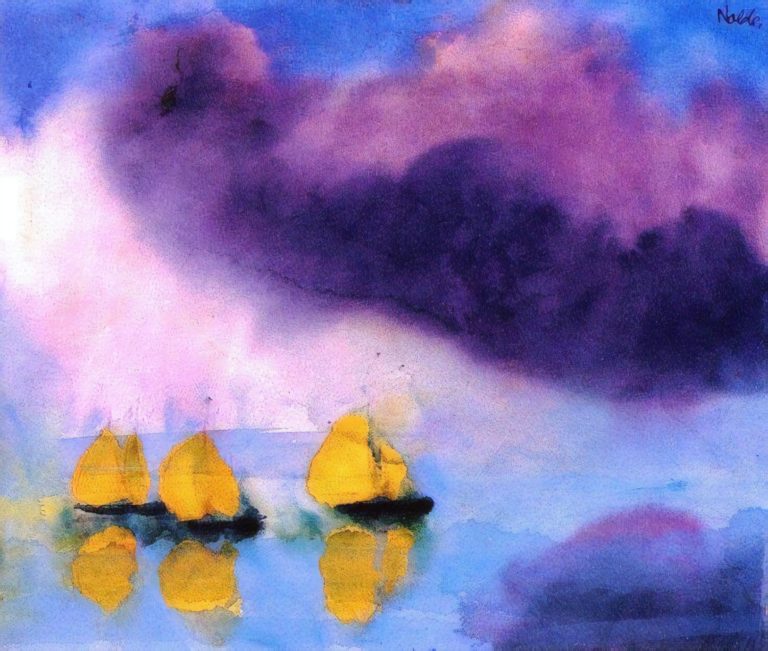 Mer aux nuages violets et trois voiliers jaunes, Emil Nolde (1946)