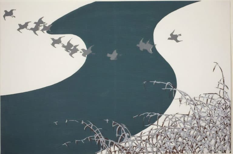 Bécasses survolant une rivière, rives enneigées, Sekka Kamisaka (1909)