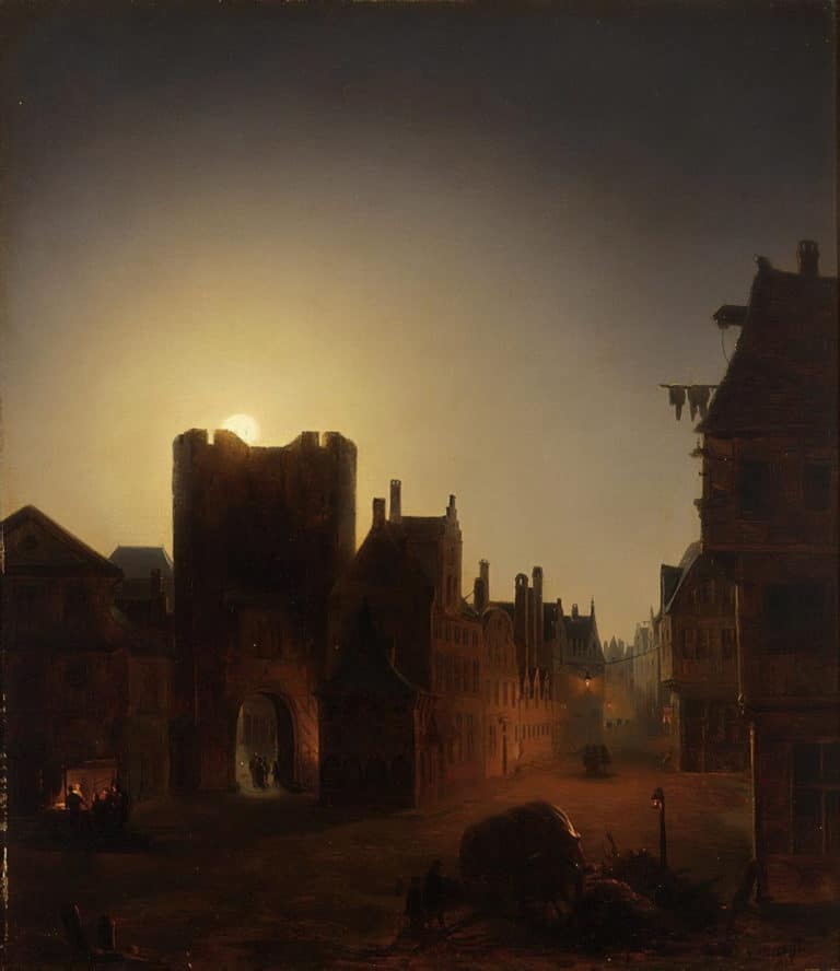 Scène de rue au clair de lune avec personnages, Jacob Verreyt (1856)