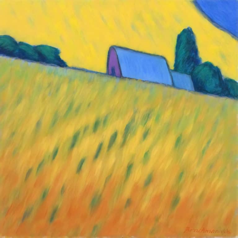 Ferme devant une colline jaune, Monika Brachmann (2007)