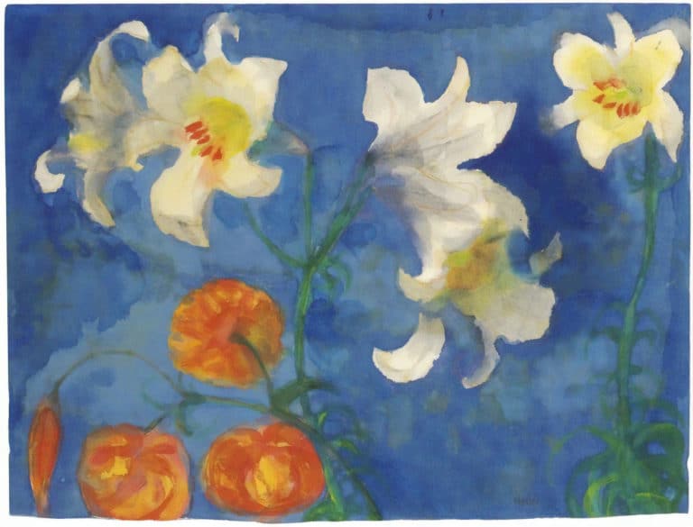 Narcisses et tulipes sur fond bleu, Emil Nolde (1945)