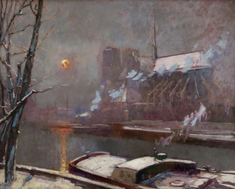 Le quai de la Tournelle au coucher du soleil en hiver, Élie Anatole Pavil (1904)