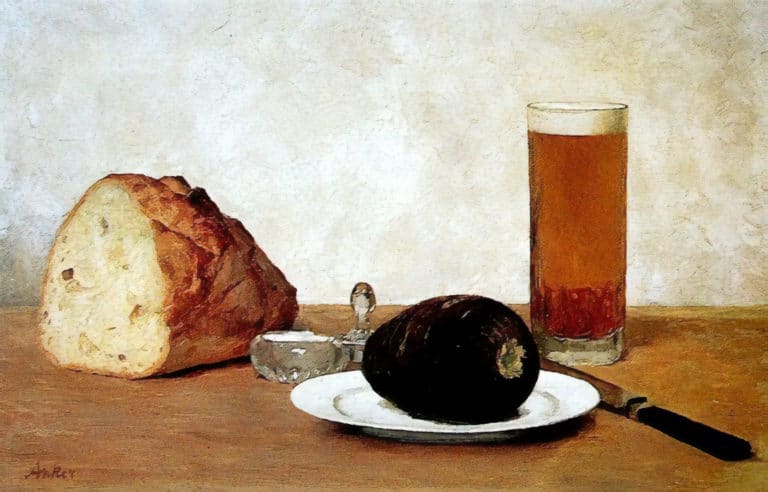 Nature morte avec verre de bière, pain, salière et avocat, Albert Anker (1895)