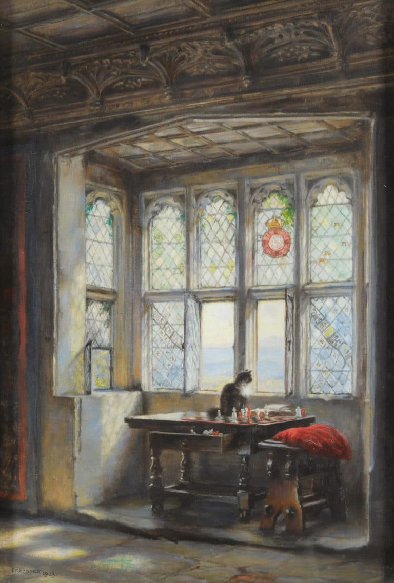 Scène d'intérieur avec un chat assis près d'une fenêtre, Frank Moss Bennett (1923)
