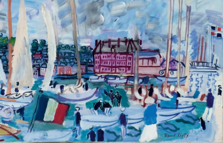 Voiliers dans le bassin de Deauville et drapeau, Raoul Dufy (1933)