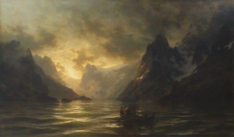 Pêcheurs dans un fjord norvégien au lever du soleil, Carl Oesterley junior (1868)