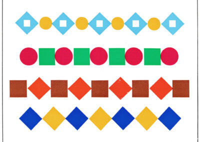 Quatre frises : losanges, disques, carrés et triangles en papier gommé — Bunte Welt, Allemagne, 1978