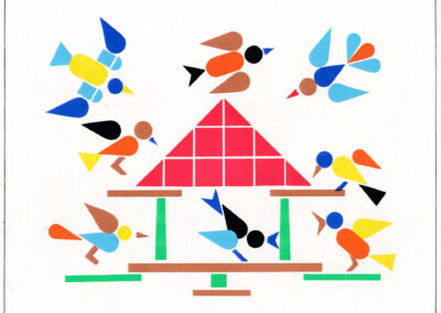 Oiseaux autour d'une mangeoire, composés en papier gommé — Bunte Welt, Allemagne, 1978