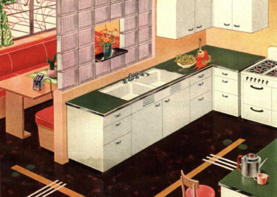 Cuisine « Custom Line » — évier Custom-Line, plan de travail vert, sol en linoléum sombre (American Standard, 1940)