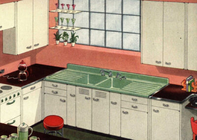 Cuisine « Hostess Sink » — évier Ming Green de six pieds, brique de verre, murs corail (American Standard, 1940)