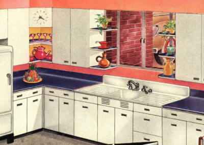 Cuisine « Utility Hostess » — plans de travail en linoléum bleu, murs pêche, meubles en acier (American Standard, 1940)
