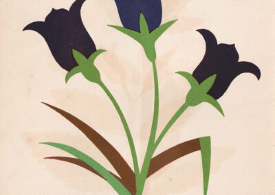 Campanules bleu nuit sur feuilles étroites, en papier découpé — Découpages 2, France, 1948