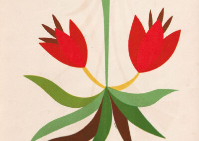 Fleurs rouges en trompette et feuilles retombantes, en papier découpé — Découpages 2, France, 1948