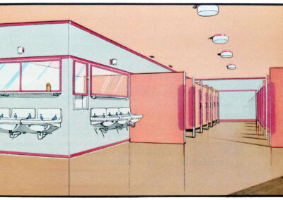Lavabos et cabinets d'une école, rose saumon et gris perle — La fonction de la couleur, Jenson & Nicholson, 1950