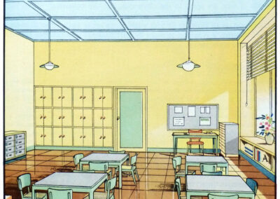 Salle d'activités d'une école maternelle, jaune paille et vert d'eau — La fonction de la couleur, Jenson & Nicholson, 1950