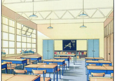 Salle de classe à charpente apparente, pupitres bleu roi — La fonction de la couleur, Jenson & Nicholson, 1950