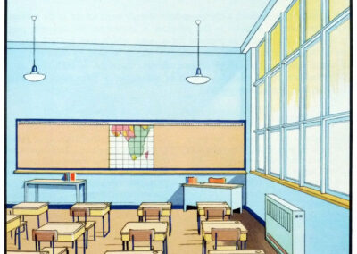 Salle de classe en camaïeu de bleus, tableau d'affichage et radiateur — La fonction de la couleur, Jenson & Nicholson, 1950