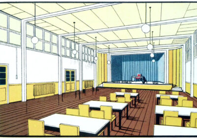 Salle des fêtes et réfectoire d'une école, jaune et brun, avec scène — La fonction de la couleur, Jenson & Nicholson, 1950