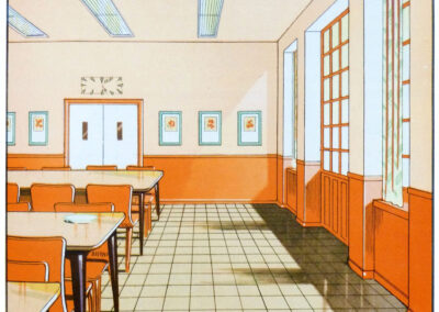 Réfectoire, soubassement orange et carrelage crème — La fonction de la couleur, Jenson & Nicholson, 1950