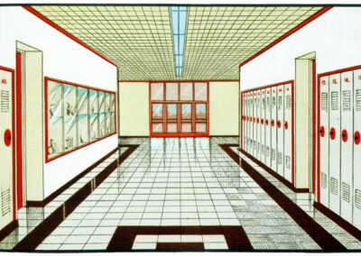Couloir de vestiaires, armoires rouges et sol en damier — La fonction de la couleur, Jenson & Nicholson, 1950