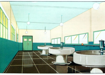 Lavabos collectifs à fontaines circulaires, soubassement vert — La fonction de la couleur, Jenson & Nicholson, 1950