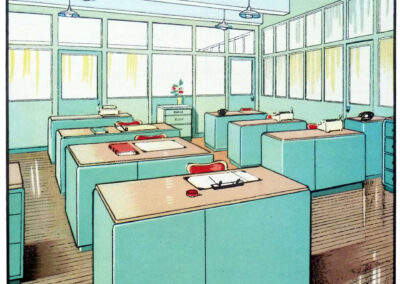 Bureau collectif sous verrière, mobilier vert d'eau — La fonction de la couleur, Jenson & Nicholson, 1950