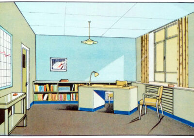 Bureau de direction, murs bleu ciel et plinthe outremer — La fonction de la couleur, Jenson & Nicholson, 1950