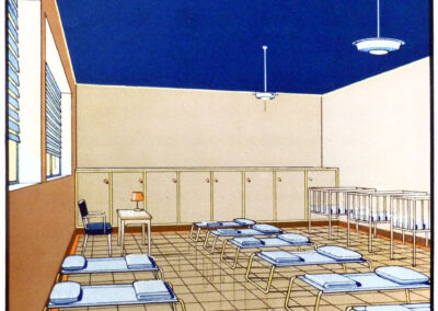Dortoir d'une pouponnière, plafond bleu de nuit et lits de repos — La fonction de la couleur, Jenson & Nicholson, 1950