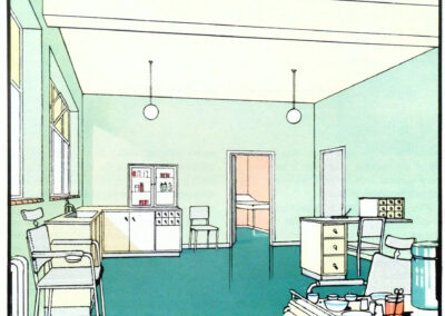 Salle de soins, murs vert amande et sol turquoise — La fonction de la couleur, Jenson & Nicholson, 1950