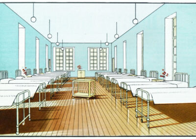 Salle commune d'hôpital, murs bleu pâle et parquet ciré — La fonction de la couleur, Jenson & Nicholson, 1950