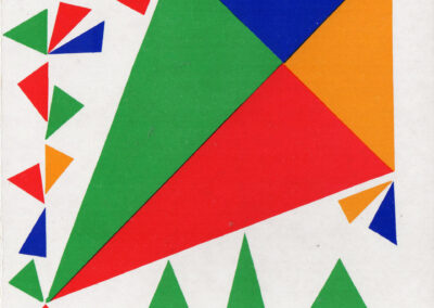 Carré partagé par ses diagonales, semis de petits triangles et rangée de sapins — « Form und Farbe », 1974