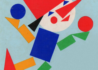 Clown en marche — triangles, disques et rectangles sur fond bleu pâle — « Form und Farbe », 1974