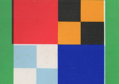 Composition de carrés sur fond vert — la même aire, tantôt d'un seul tenant, tantôt en damier — « Form und Farbe », 1974