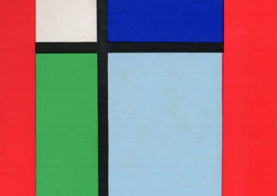 Composition orthogonale sur fond rouge, quatre champs séparés par deux bandes noires — « Form und Farbe », 1974