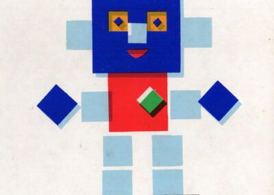 Personnage bâti sur des carrés et des losanges, doublés d'un papier plus clair en décalé — « Form und Farbe », 1974