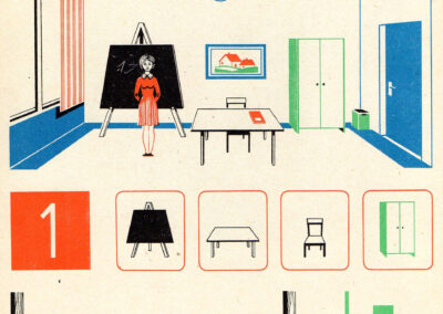 La salle de classe, le chiffre 1 et les pictogrammes du mobilier — Mathematik 1, RDA, 1972