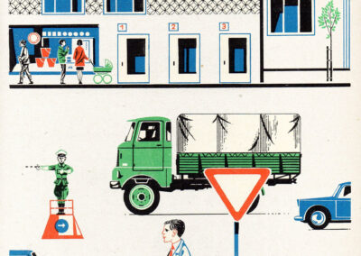 La rue : camion vert, panneau de priorité, enfants et agent de la circulation — Mathematik 1, RDA, 1972