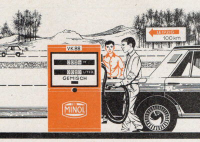 Station-service Minol, pompe VK 88, panneau « Leipzig 100 km » — Mathematik 1, RDA, 1972