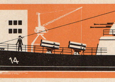 Navire à quai portant le numéro 14, grue et passerelle — Mathematik 1, RDA, 1972