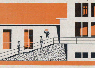 Bâtiment scolaire moderne, escalier et soubassement de moellons — Mathematik 1, RDA, 1972