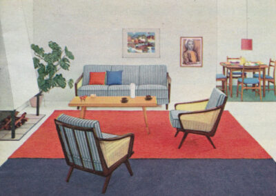 Séjour aux deux tapis, rouge et gris-bleu, canapé rayé — catalogue Musterring, Allemagne, 1960