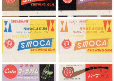 Papiers de chewing-gum Smoca : Swing-Rum, Spearmint, Juicy Fruit, Cola, Herb — Japon, années 1950-1960