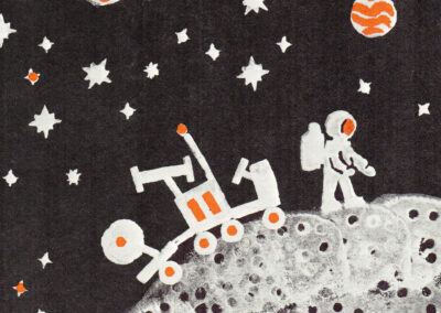Paysage lunaire : la chair coupée de la pomme de terre imprimée en sol, astronaute et rover — Potato Printing, Helen R. Haddad, 1981