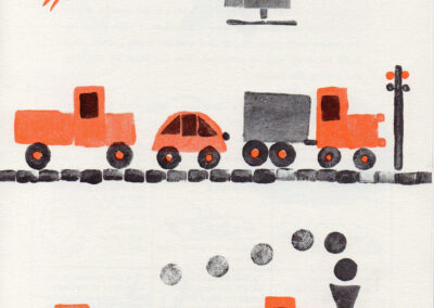 Véhicules : fusée, hélicoptère, camion, voiture et deux trains sur leur voie — Potato Printing, Helen R. Haddad, 1981