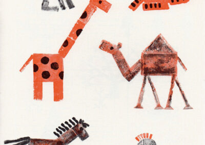Animaux : ours, tigre, girafe, chameau, cheval et oiseau — Potato Printing, Helen R. Haddad, 1981