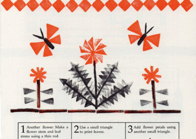 Page « Printmaking » : frise de losanges, papillons, fleurs et les trois étapes de la méthode — Potato Printing, Helen R. Haddad, 1981