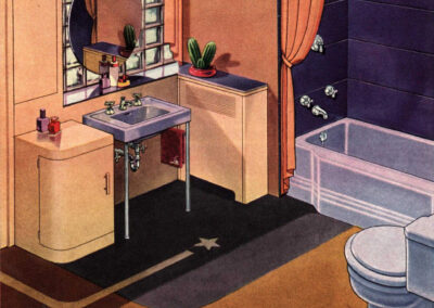 Salle de bain « Stanmont » — appareils Clair de Lune Blue, verre structurel beige et bleu profond (catalogue American Standard, 1940)
